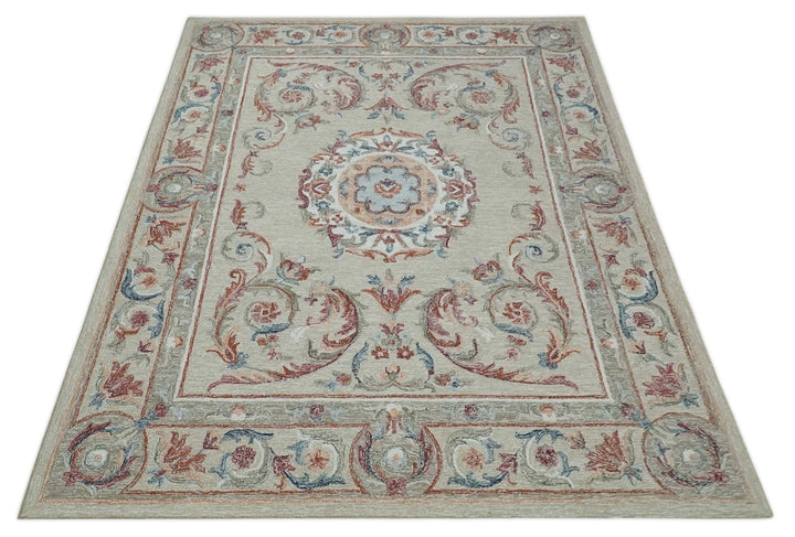 Beige, Brown and Blue Hand Tufted floral Aubusson design 8x10 wool Area Rug - The Rug Decor