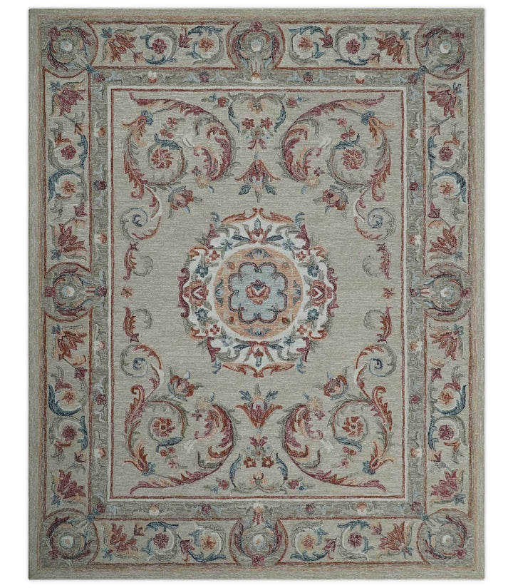 Beige, Brown and Blue Hand Tufted floral Aubusson design 8x10 wool Area Rug - The Rug Decor