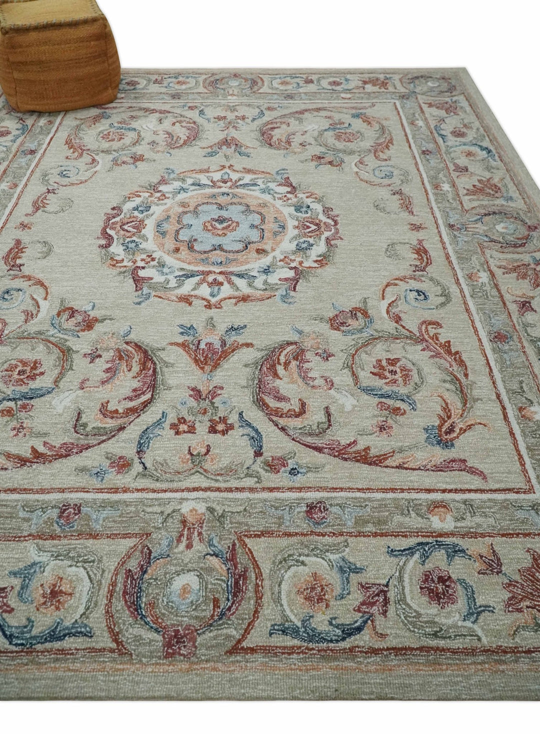 Beige, Brown and Blue Hand Tufted floral Aubusson design 8x10 wool Area Rug - The Rug Decor