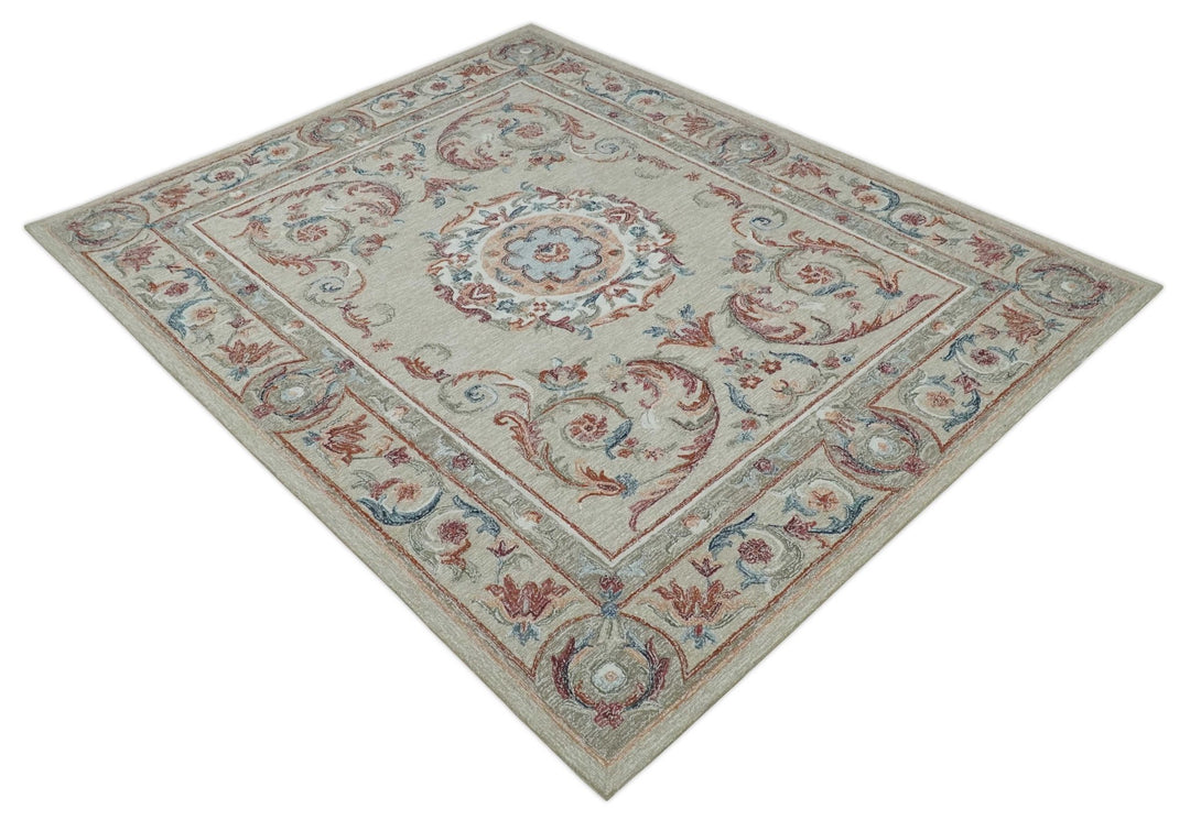 Beige, Brown and Blue Hand Tufted floral Aubusson design 8x10 wool Area Rug - The Rug Decor