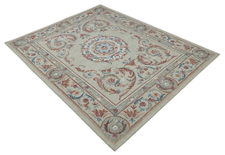 Beige, Brown and Blue Hand Tufted floral Aubusson design 8x10 wool Area Rug - The Rug Decor