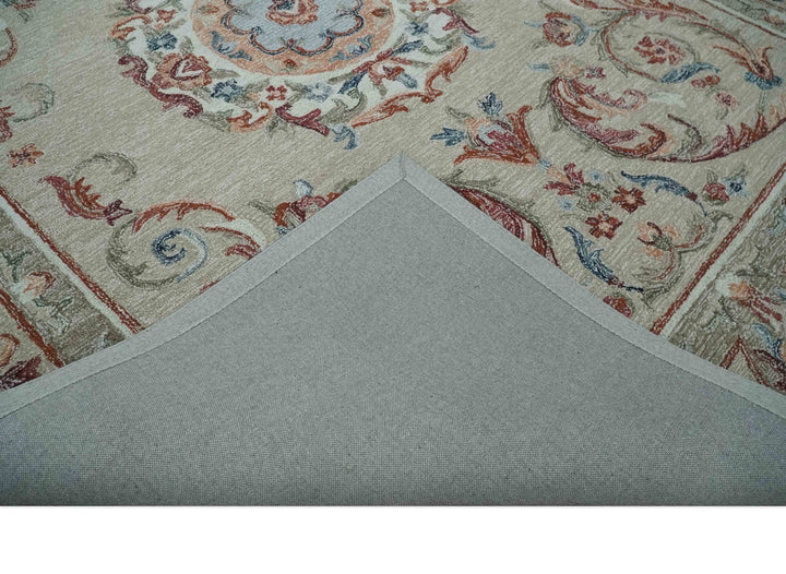 Beige, Brown and Blue Hand Tufted floral Aubusson design 8x10 wool Area Rug - The Rug Decor