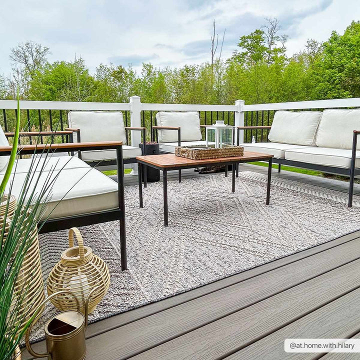Beige, Charcoal and Gold Geometrical Design Outdoor Machine Woven Area Rug - The Rug Decor