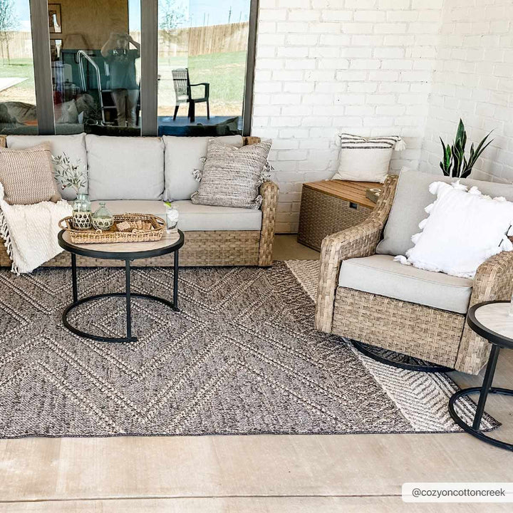 Beige, Charcoal and Gold Geometrical Design Outdoor Machine Woven Area Rug - The Rug Decor