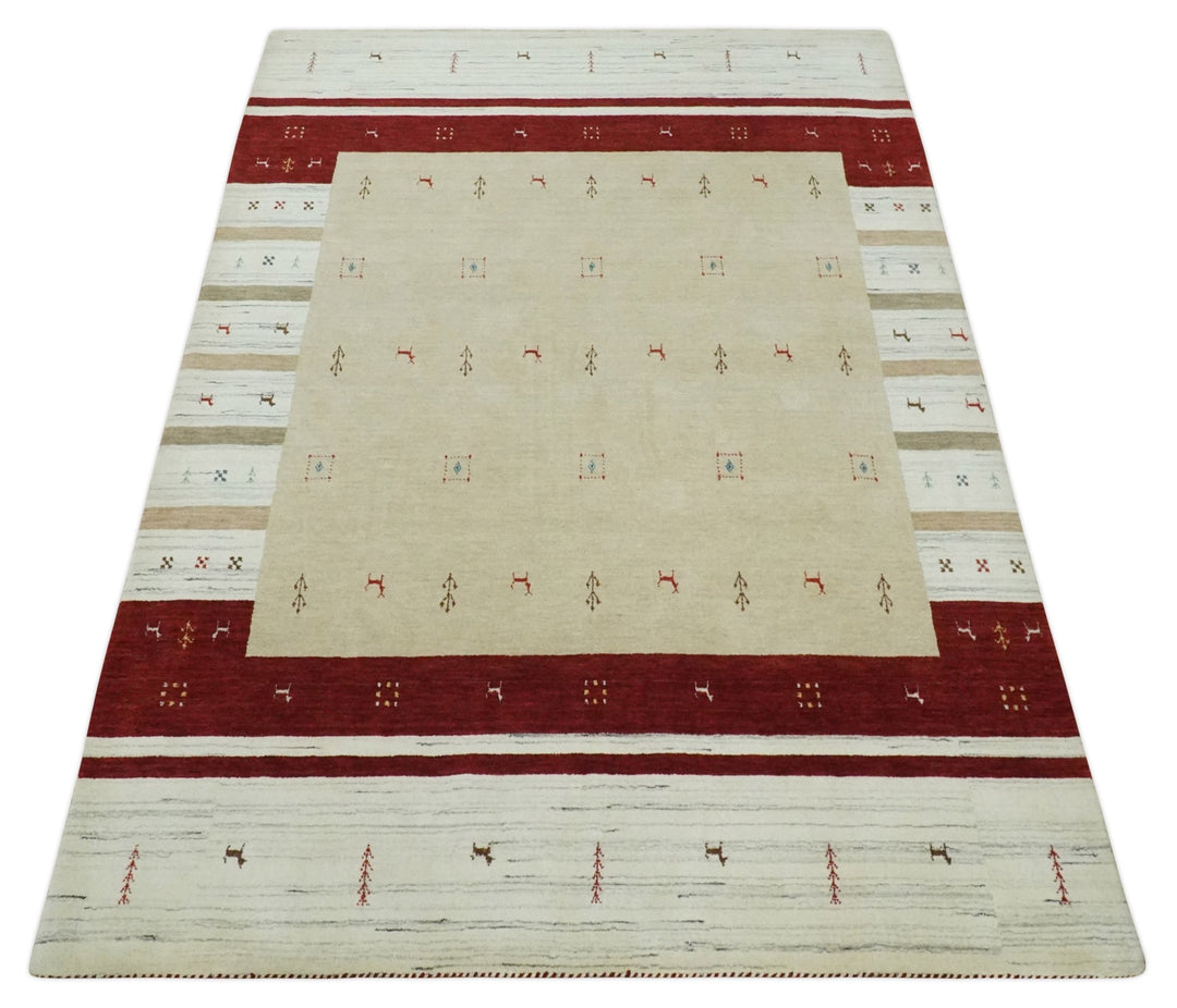 Beige, Ivory and Rust Stripes Wool Hand Woven Southwestern Lori Gabbeh Rug| KNT30 - The Rug Decor