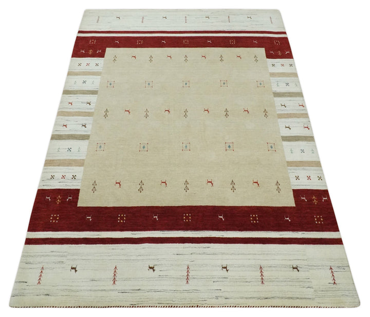 Beige, Ivory and Rust Stripes Wool Hand Woven Southwestern Lori Gabbeh Rug| KNT30 - The Rug Decor