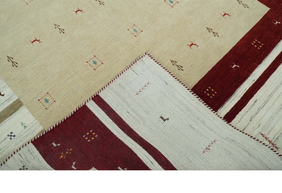 Beige, Ivory and Rust Stripes Wool Hand Woven Southwestern Lori Gabbeh Rug| KNT30 - The Rug Decor