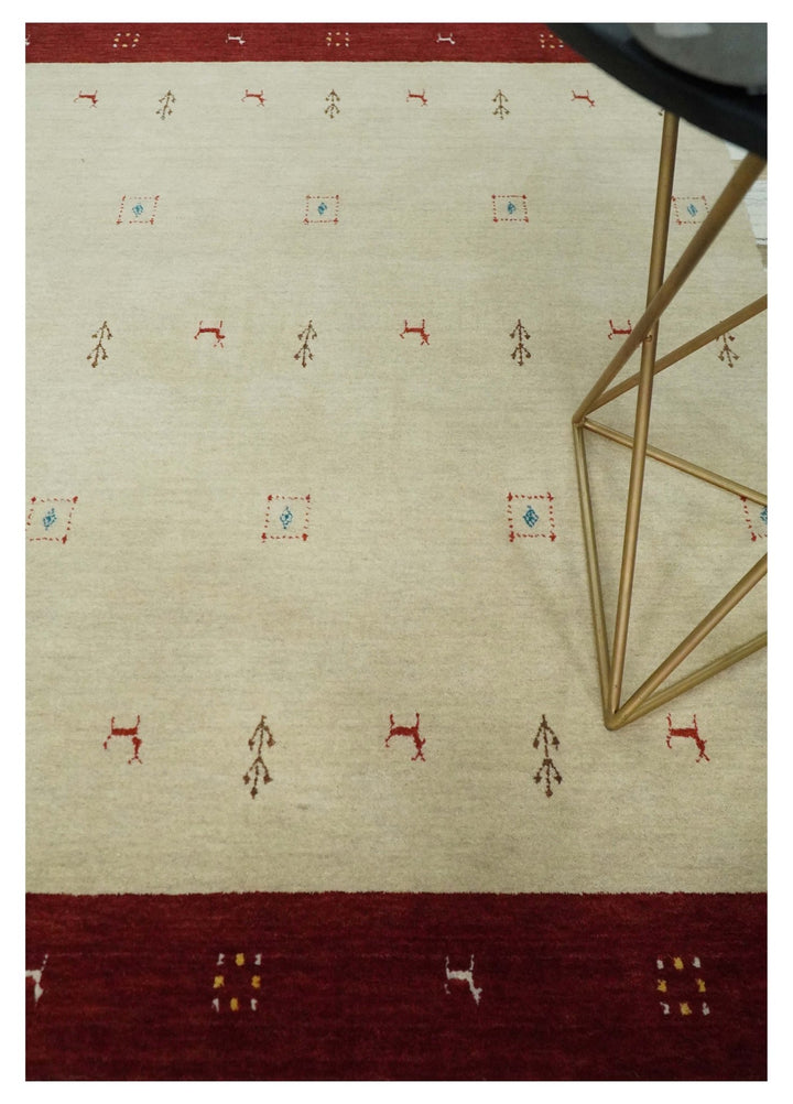 Beige, Ivory and Rust Stripes Wool Hand Woven Southwestern Lori Gabbeh Rug| KNT30 - The Rug Decor