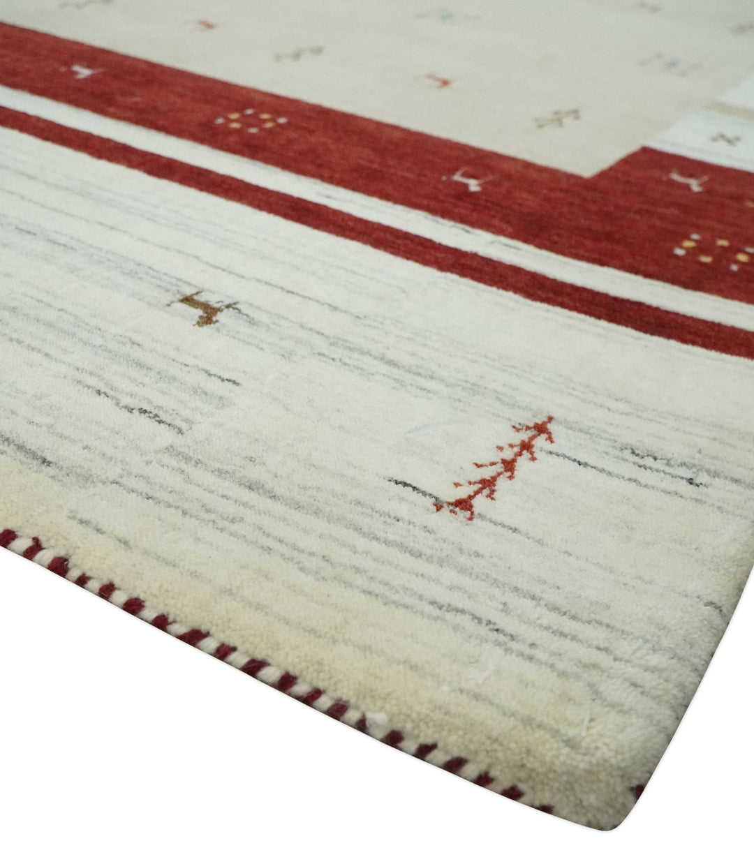 Beige, Ivory and Rust Stripes Wool Hand Woven Southwestern Lori Gabbeh Rug| KNT30 - The Rug Decor