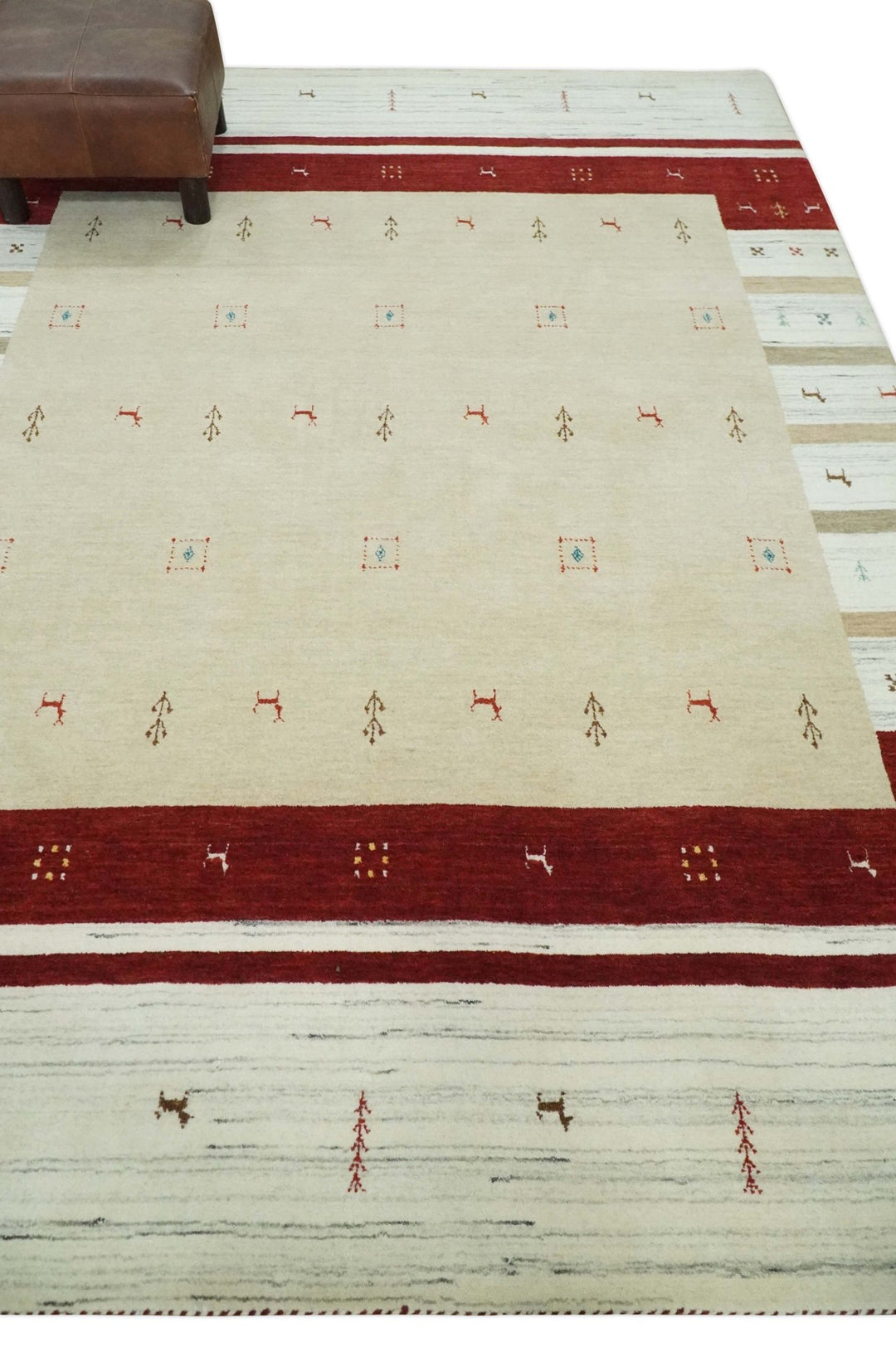 Beige, Ivory and Rust Stripes Wool Hand Woven Southwestern Lori Gabbeh Rug| KNT30 - The Rug Decor
