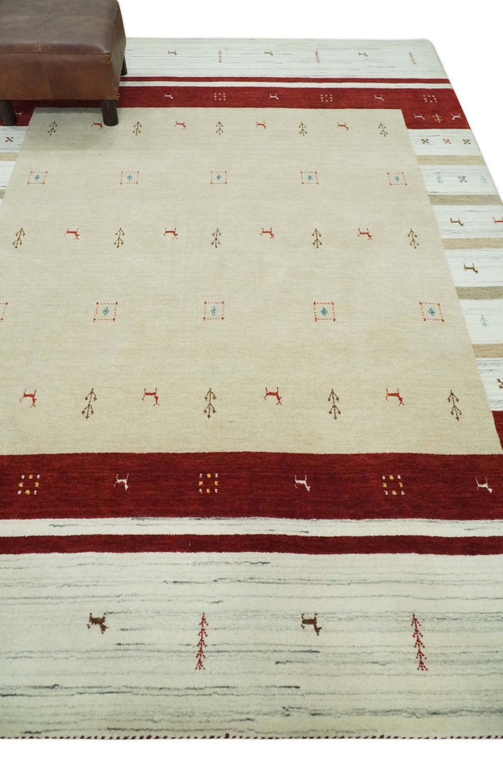 Beige, Ivory and Rust Stripes Wool Hand Woven Southwestern Lori Gabbeh Rug| KNT30 - The Rug Decor
