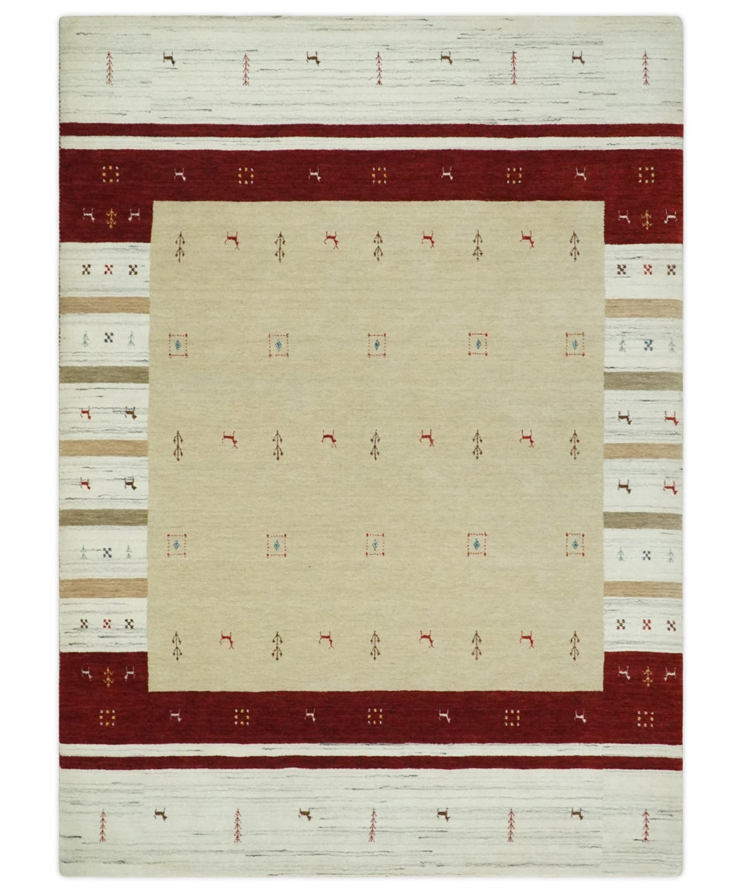 Beige, Ivory and Rust Stripes Wool Hand Woven Southwestern Lori Gabbeh Rug| KNT30 - The Rug Decor