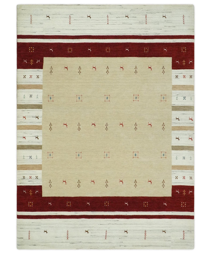 Beige, Ivory and Rust Stripes Wool Hand Woven Southwestern Lori Gabbeh Rug| KNT30 - The Rug Decor