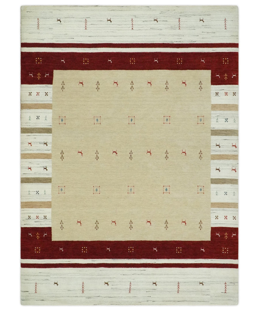 Beige, Ivory and Rust Stripes Wool Hand Woven Southwestern Lori Gabbeh Rug| KNT30 - The Rug Decor