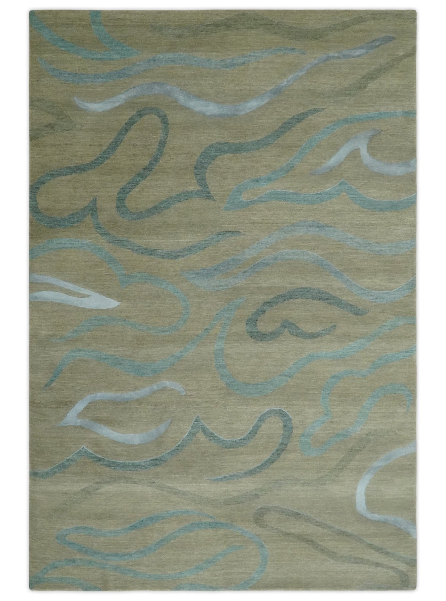 Beige, Teal and Silver Modern design Hand knotted 6x9 wool and Art Silk Area Rug - The Rug Decor