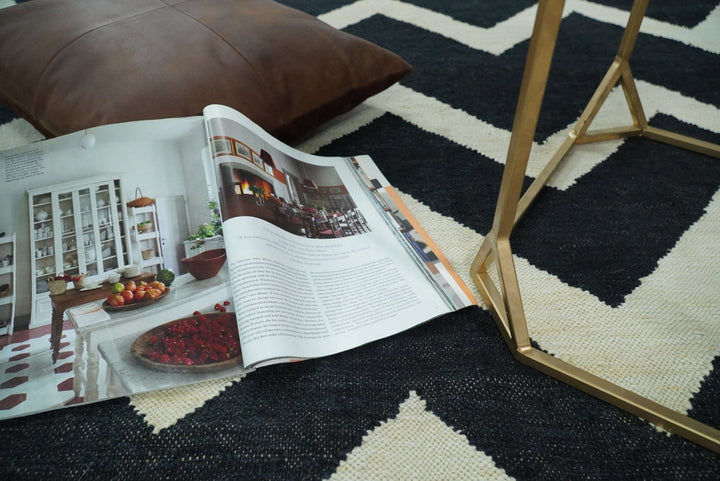 Black and Beige Outdoor Safe Hand Woven Dhurrie Rug Chevron Pattern - The Rug Decor