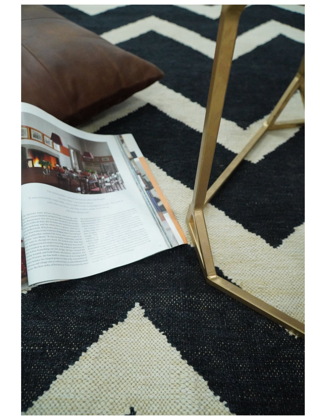 Black and Beige Outdoor Safe Hand Woven Dhurrie Rug Chevron Pattern - The Rug Decor