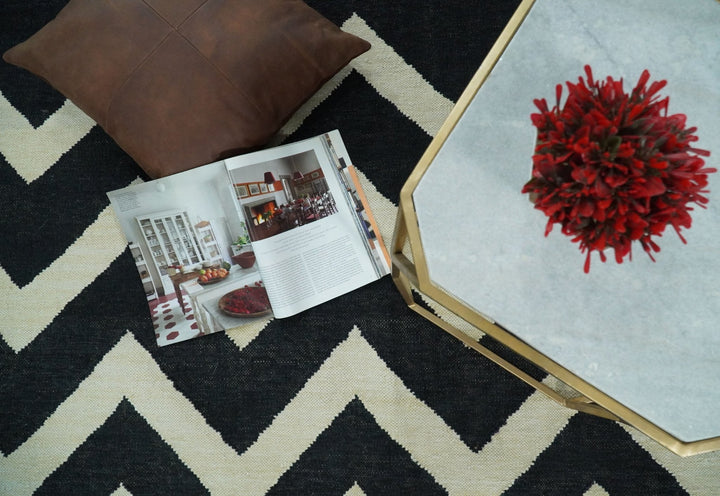 Black and Beige Outdoor Safe Hand Woven Dhurrie Rug Chevron Pattern - The Rug Decor