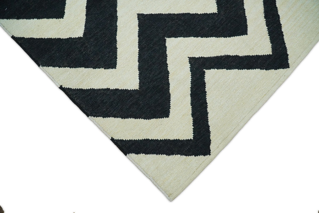 Black and Beige Outdoor Safe Hand Woven Dhurrie Rug Chevron Pattern - The Rug Decor
