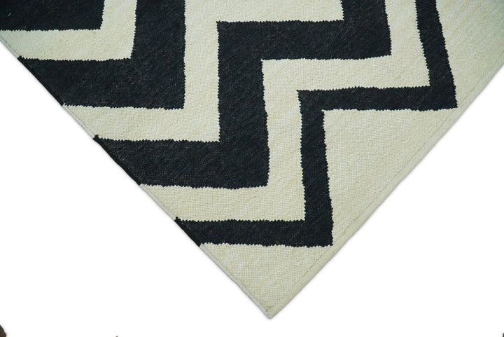 Black and Beige Outdoor Safe Hand Woven Dhurrie Rug Chevron Pattern - The Rug Decor