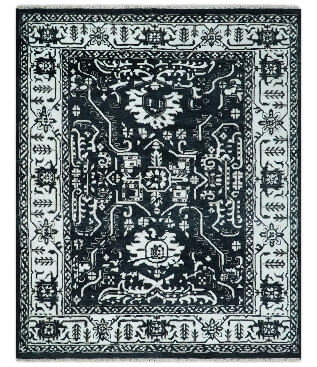 Black and White 6x9, 8x10 and 9x12 Hand Knotted Traditional Persian Oushak Wool and Viscose Rug, Accent Rug | TRDCP840 - The Rug Decor