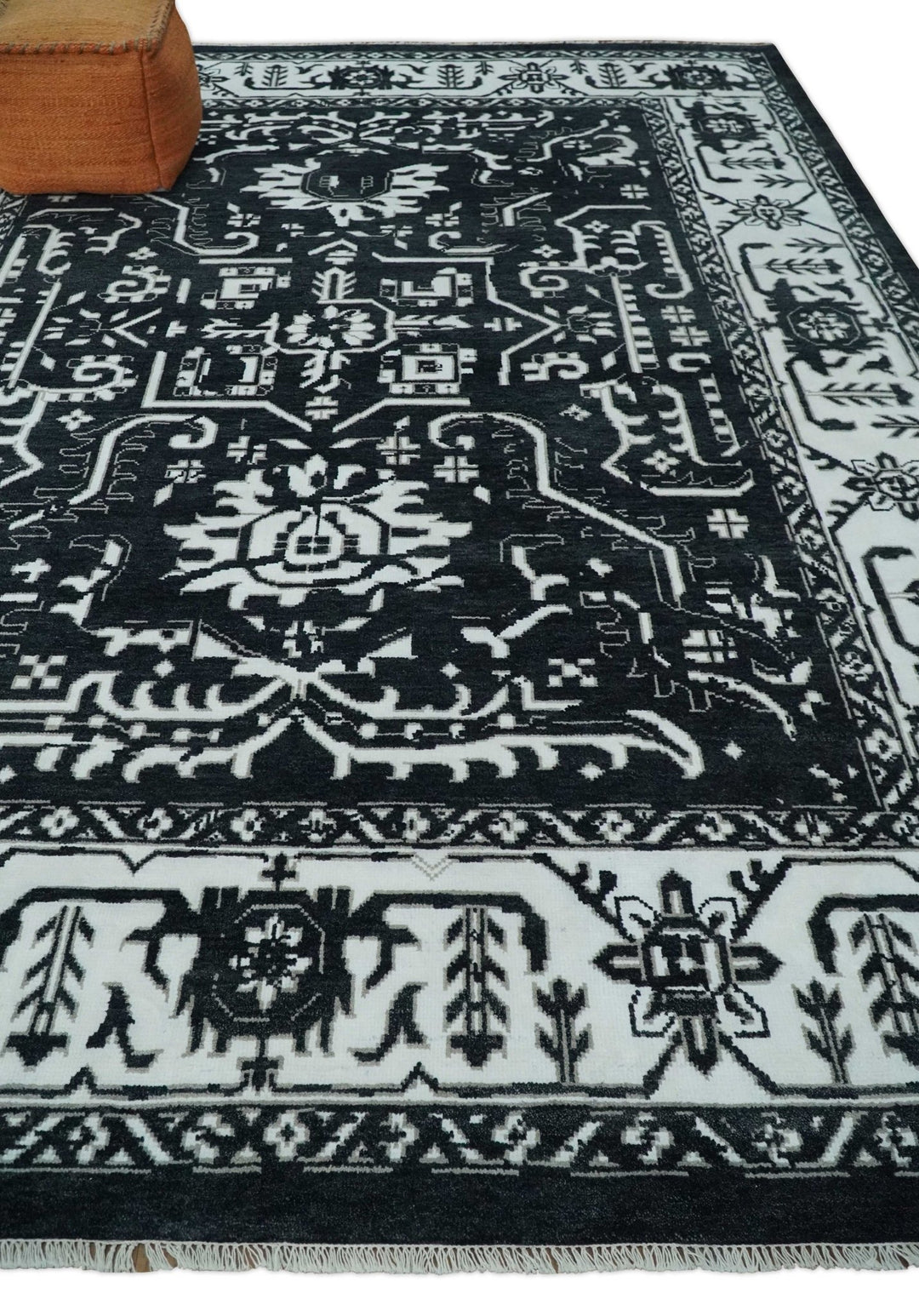 Black and White 6x9 and 9x12 Hand Knotted Traditional Persian Oushak Wool and Viscose Rug, Accent Rug | TRDCP840 - The Rug Decor