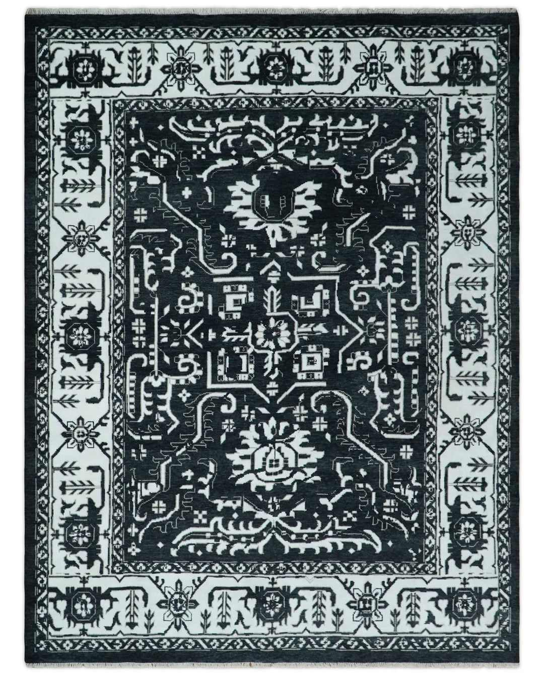 Black and White 6x9 and 9x12 Hand Knotted Traditional Persian Oushak Wool and Viscose Rug, Accent Rug | TRDCP840 - The Rug Decor