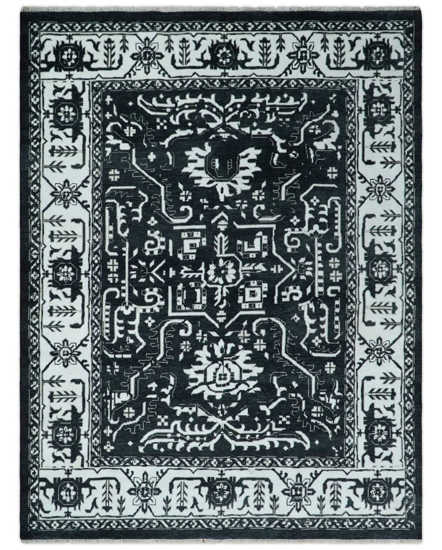 Black and White 6x9 and 9x12 Hand Knotted Traditional Persian Oushak Wool and Viscose Rug, Accent Rug | TRDCP840 - The Rug Decor