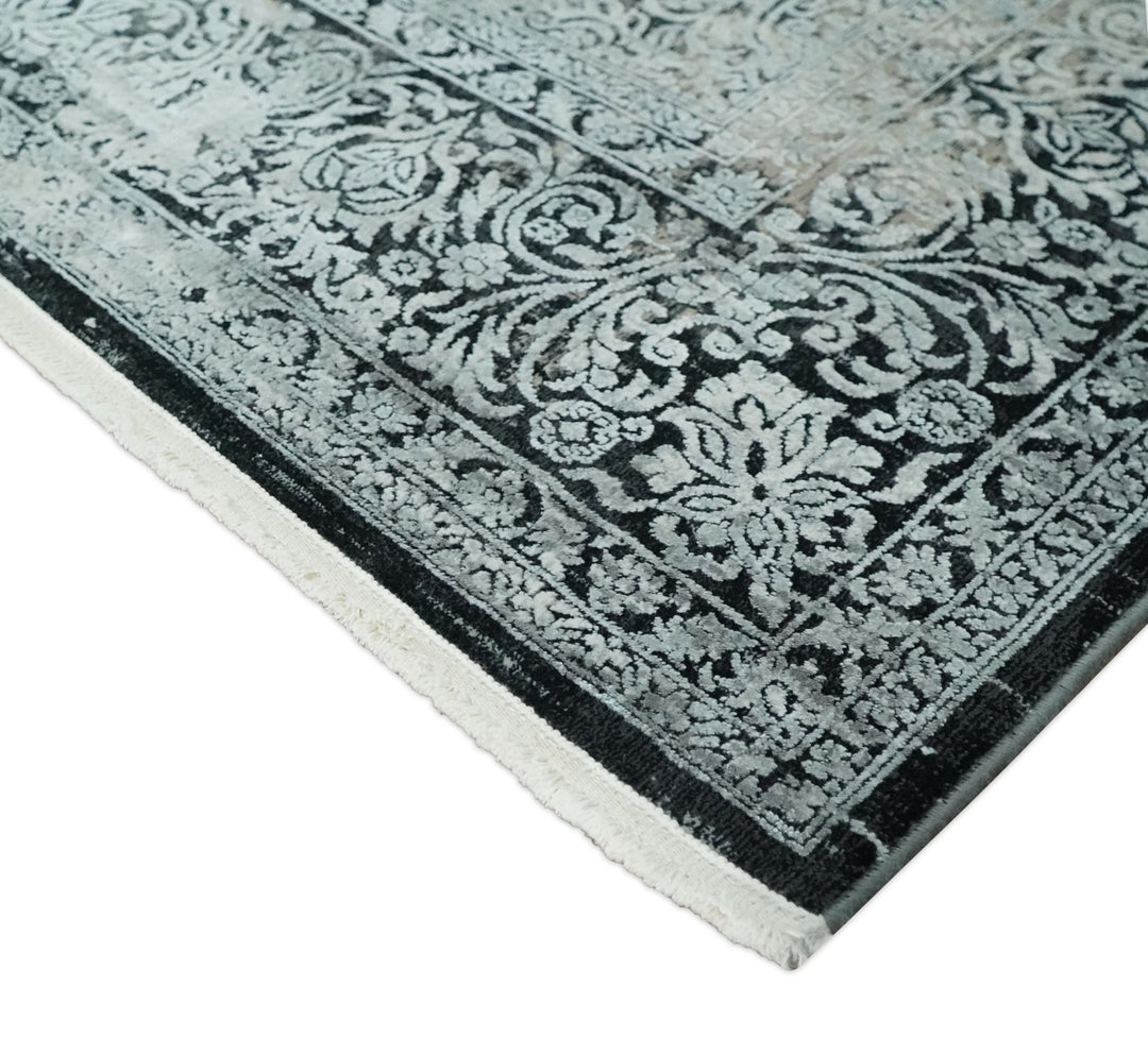Black, Beige and Silver Antique Finish, Vintage look, Art Silk Area Rug, Living Room Rug | TRDMM6 - The Rug Decor
