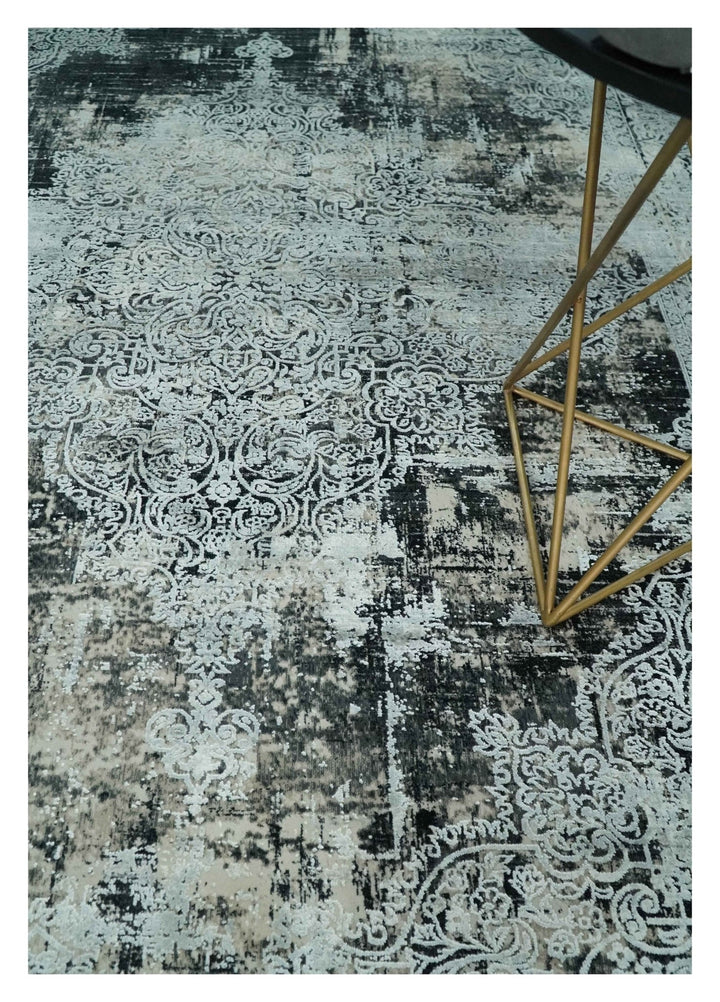 Black, Beige and Silver Antique Finish, Vintage look, Art Silk Area Rug, Living Room Rug | TRDMM6 - The Rug Decor