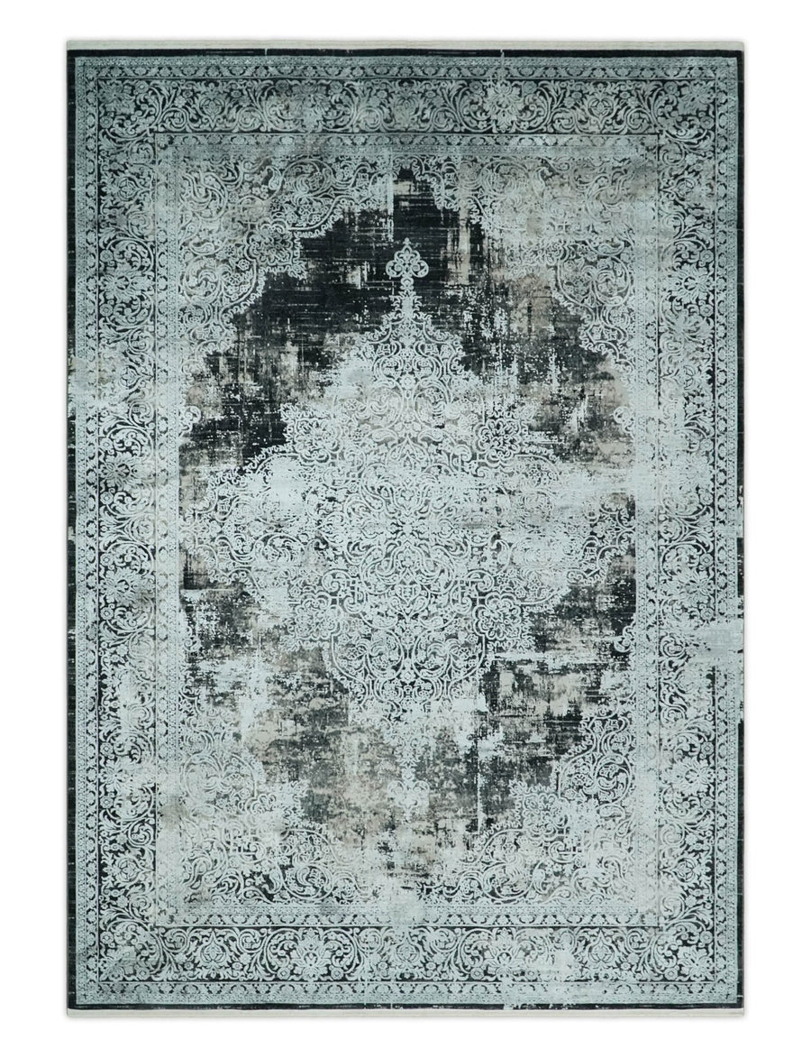 Black, Beige and Silver Antique Finish, Vintage look, Art Silk Area Rug, Living Room Rug | TRDMM6 - The Rug Decor