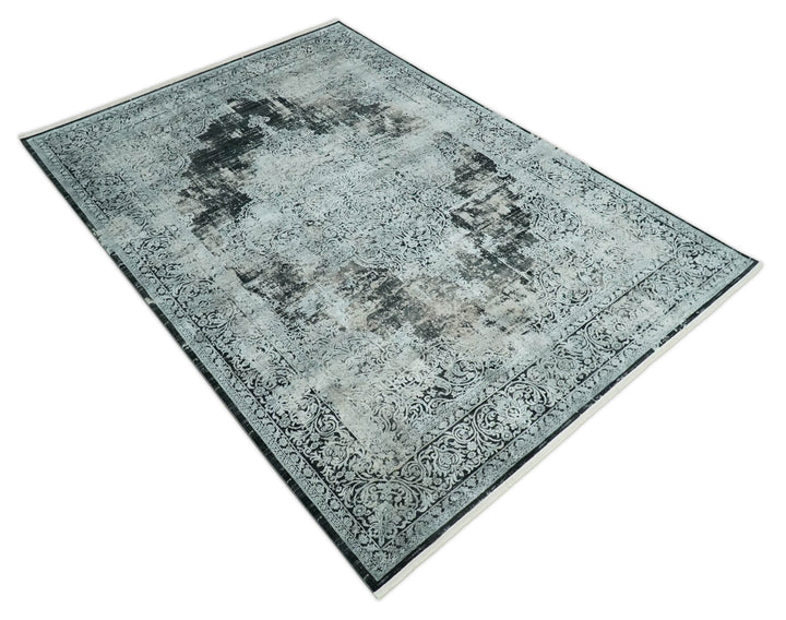 Black, Beige and Silver Antique Finish, Vintage look, Art Silk Area Rug, Living Room Rug | TRDMM6 - The Rug Decor