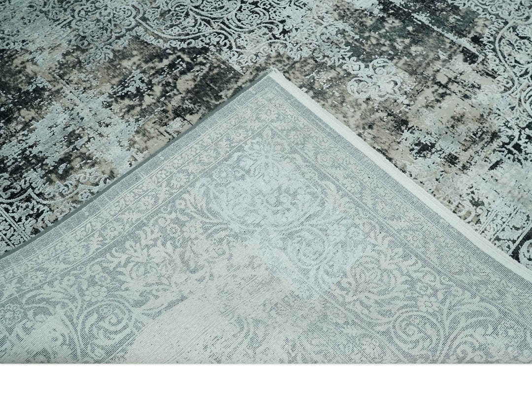 Black, Beige and Silver Antique Finish, Vintage look, Art Silk Area Rug, Living Room Rug | TRDMM6 - The Rug Decor