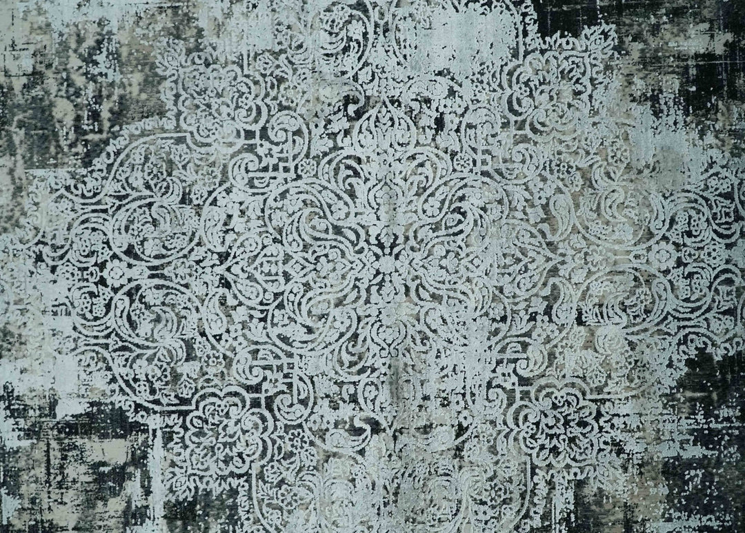 Black, Beige and Silver Antique Finish, Vintage look, Art Silk Area Rug, Living Room Rug | TRDMM6 - The Rug Decor