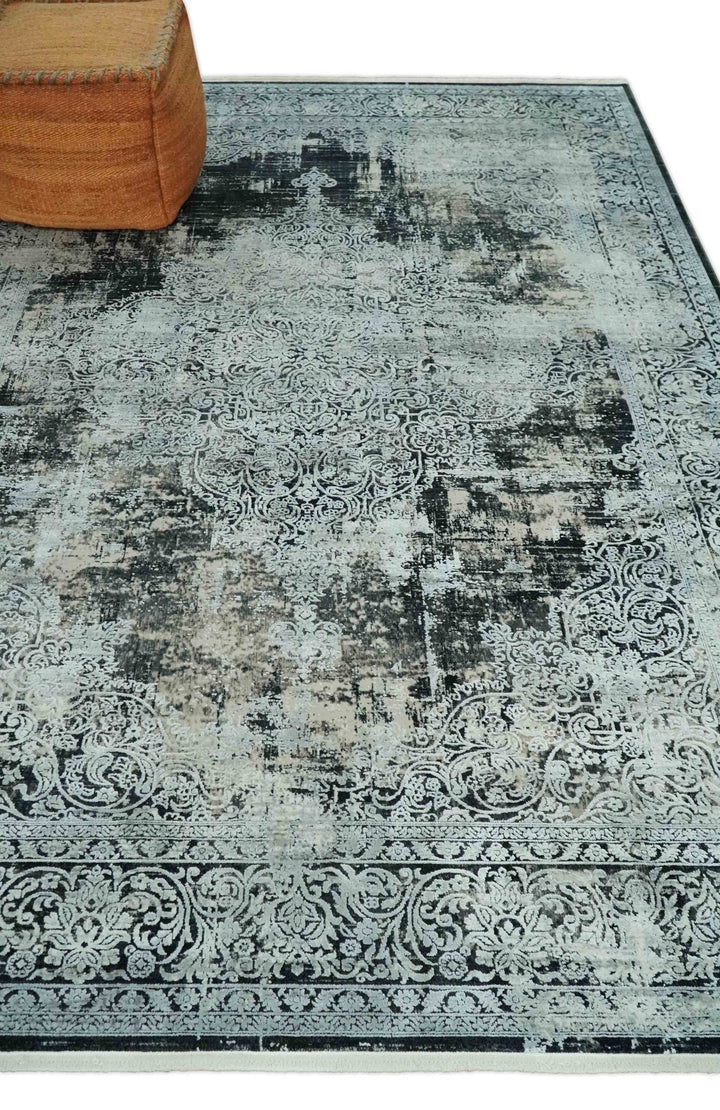 Black, Beige and Silver Antique Finish, Vintage look, Art Silk Area Rug, Living Room Rug | TRDMM6 - The Rug Decor