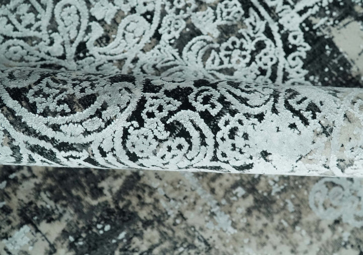 Black, Beige and Silver Antique Finish, Vintage look, Art Silk Area Rug, Living Room Rug | TRDMM6 - The Rug Decor