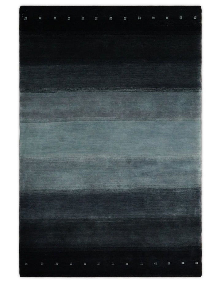 Black, Charcoal and Gray Striped Wool Hand Woven Southwestern Lori Gabbeh Rug| KNT24 - The Rug Decor