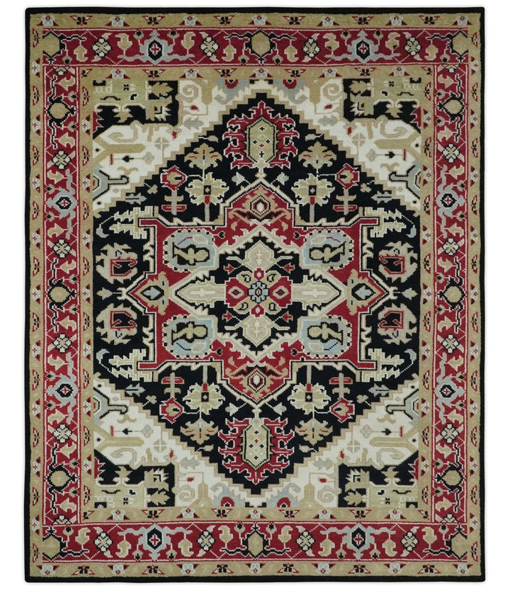 Black, Ivory, Olive and Brown Hand knotted Traditional Heriz Medallion Multi Size Wool Area Rug - The Rug Decor
