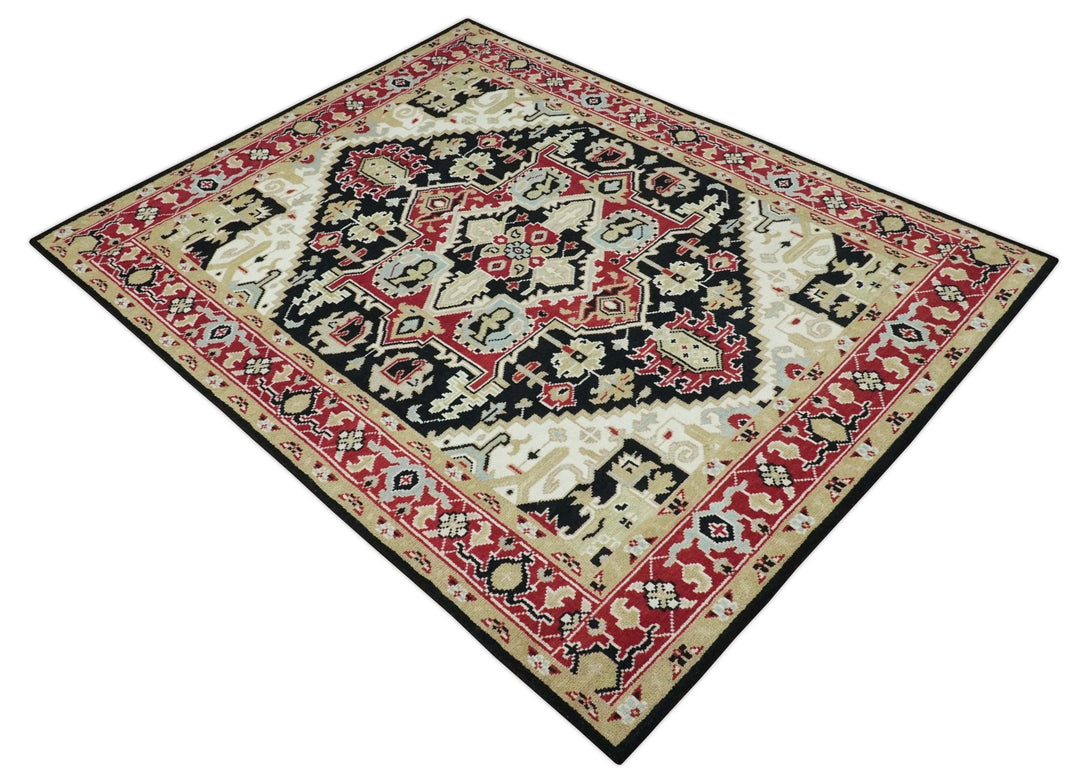 Black, Ivory, Olive and Brown Hand knotted Traditional Heriz Medallion Multi Size Wool Area Rug - The Rug Decor