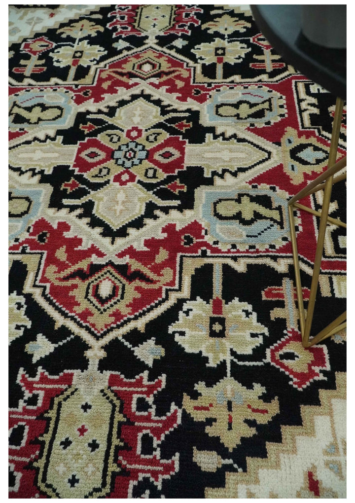 Black, Ivory, Olive and Brown Hand knotted Traditional Heriz Medallion Multi Size Wool Area Rug - The Rug Decor