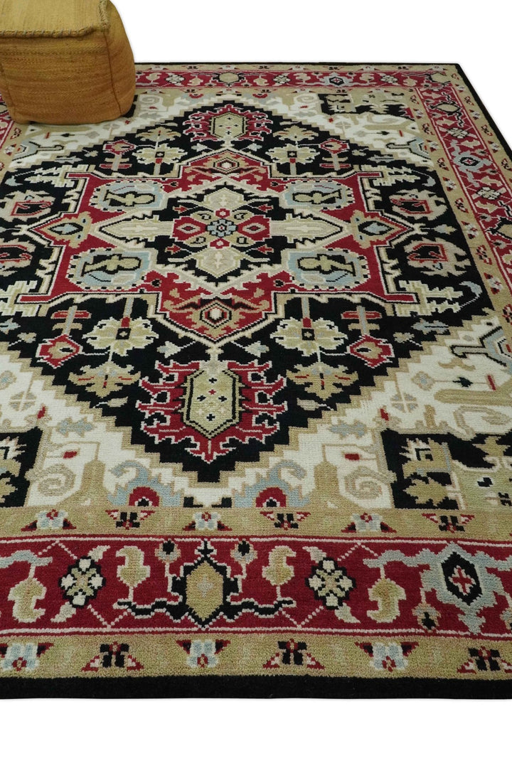 Black, Ivory, Olive and Brown Hand knotted Traditional Heriz Medallion Multi Size Wool Area Rug - The Rug Decor