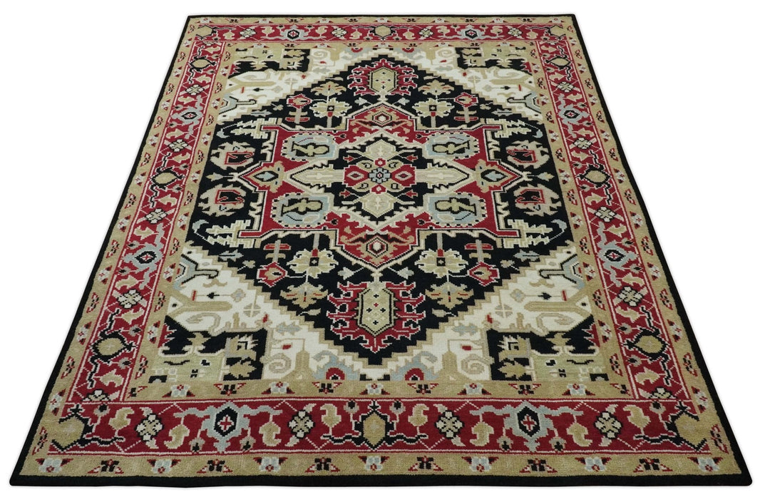 Black, Ivory, Olive and Brown Hand knotted Traditional Heriz Medallion Multi Size Wool Area Rug - The Rug Decor