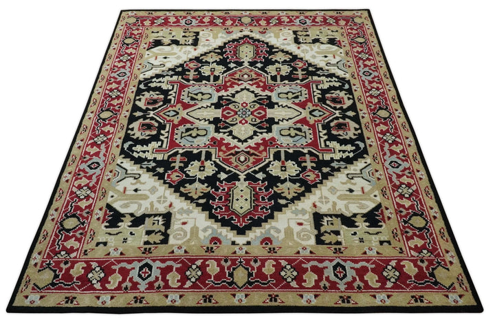 Black, Ivory, Olive and Brown Hand knotted Traditional Heriz Medallion Multi Size Wool Area Rug - The Rug Decor