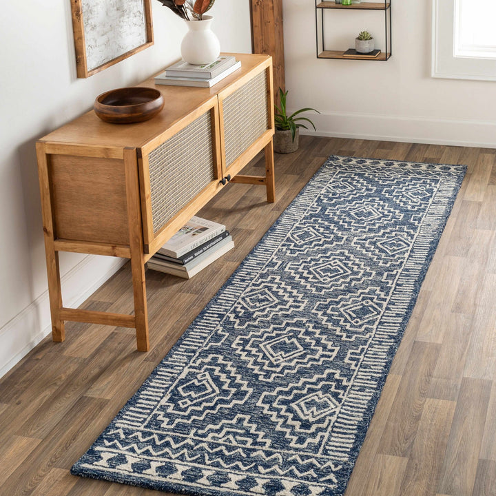 Blue and Ivory Geometrical Design Hand Tufted Wool Area Rug - The Rug Decor