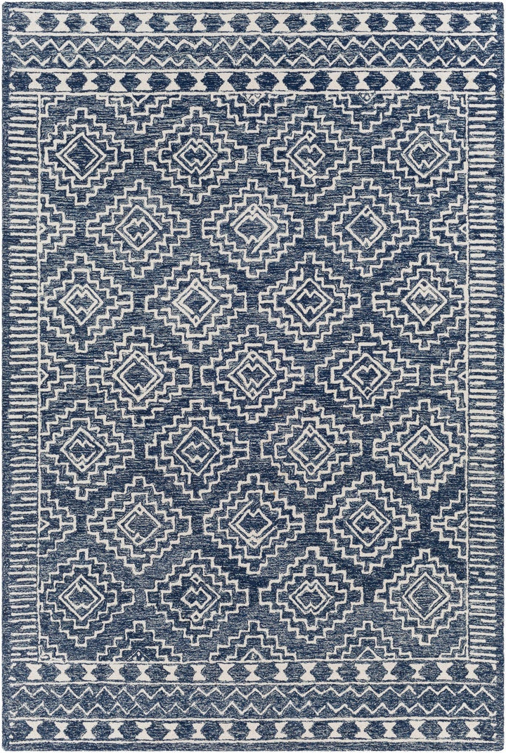 Blue and Ivory Geometrical Design Hand Tufted Wool Area Rug - The Rug Decor