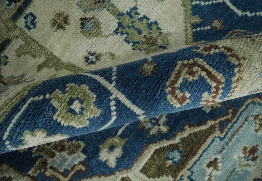 Blue and Ivory Hand Knotted Antique 5x8, 6x9, 8x10, 9x12, 10x14 and 12x15 Brown Traditional Heriz Serapi Wool Rug | TRDCP868 - The Rug Decor