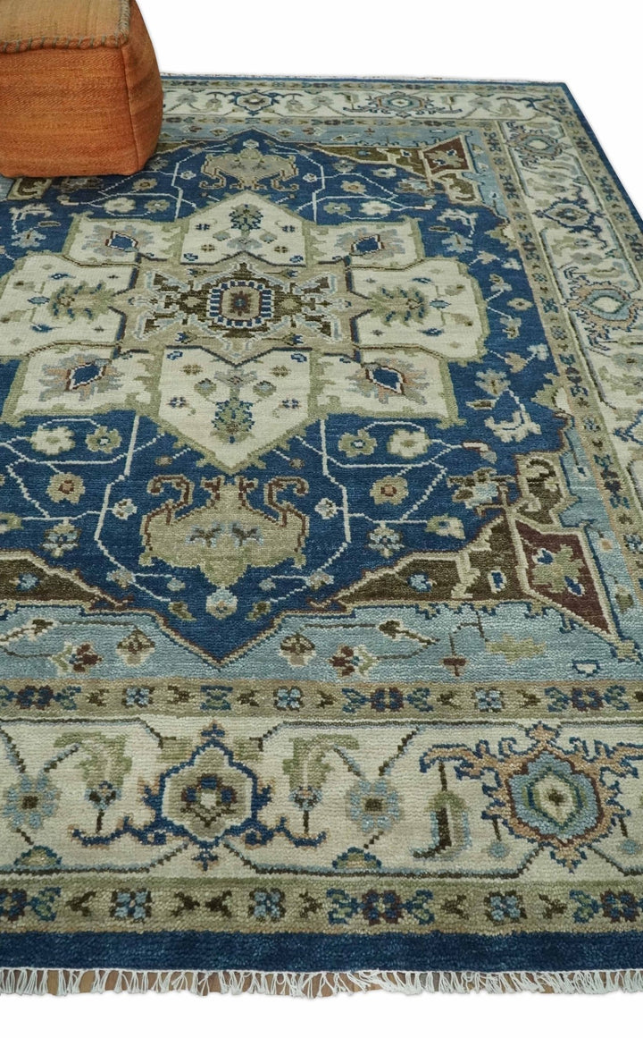 Blue and Ivory Hand Knotted Antique 5x8, 6x9, 8x10, 9x12, 10x14 and 12x15 Brown Traditional Heriz Serapi Wool Rug | TRDCP868 - The Rug Decor