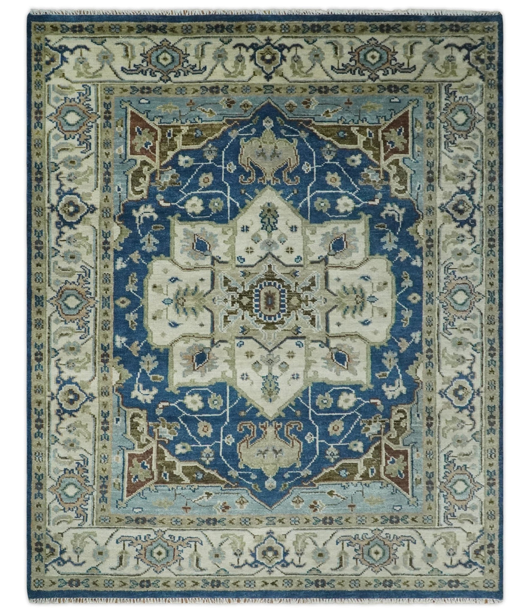 Blue and Ivory Hand Knotted Antique 5x8, 6x9, 8x10, 9x12, 10x14 and 12x15 Brown Traditional Heriz Serapi Wool Rug | TRDCP868 - The Rug Decor