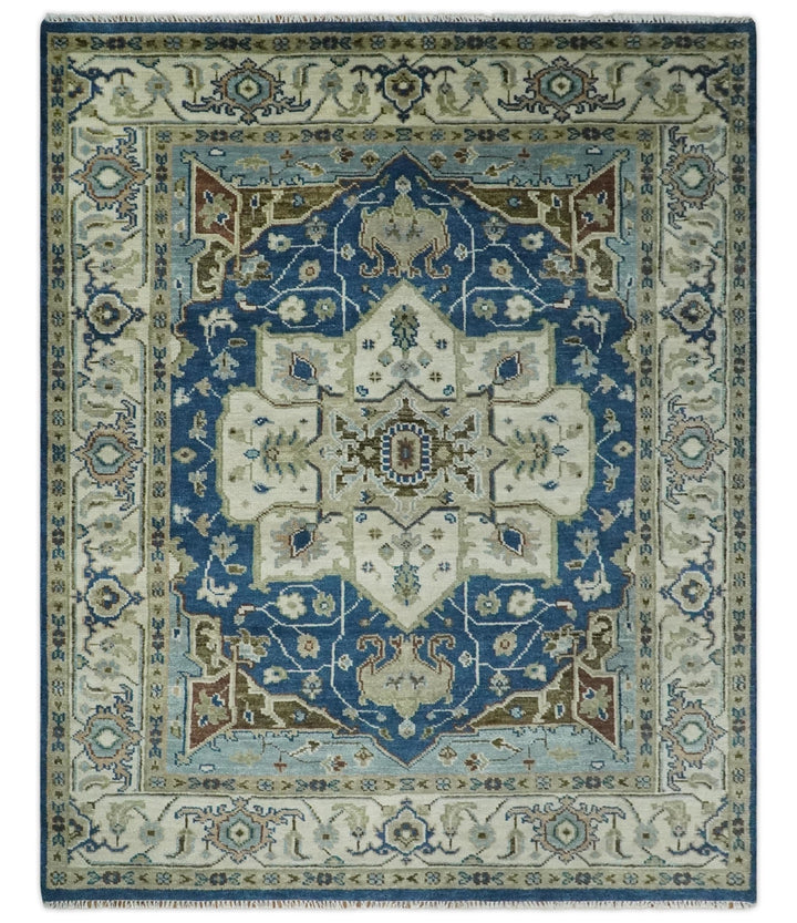 Blue and Ivory Hand Knotted Antique 5x8, 6x9, 8x10, 9x12, 10x14 and 12x15 Brown Traditional Heriz Serapi Wool Rug | TRDCP868 - The Rug Decor