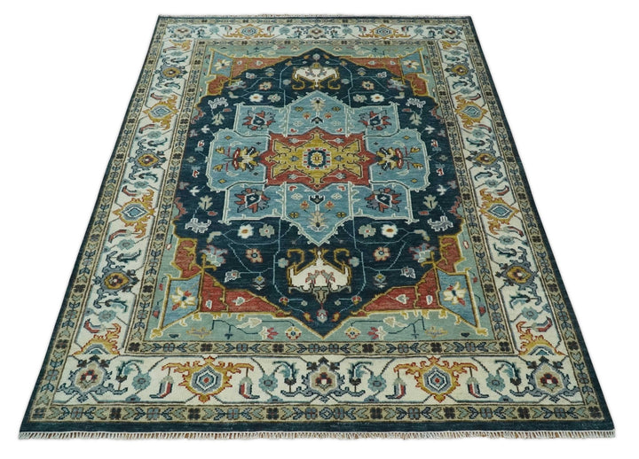 Blue and Ivory Hand Knotted Contemporary Modern 5x8, 6x9, 8x10, 9x12, 10x14 and 12x15 Brown Traditional Persian Heriz Serapi Wool Rug | TRDCP883912 - The Rug Decor